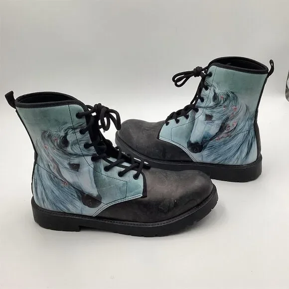 Horse Print Vegan Leather Lace-Up Boots Size 11.5 - Picture 1 of 15